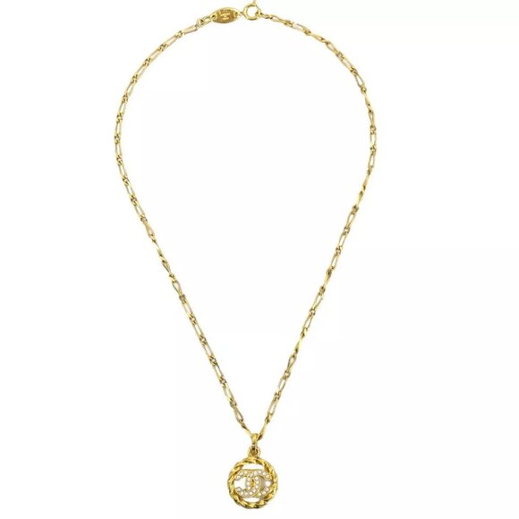 Chanel Medallion Pendant Necklace Rhinestone Gold - Picture 2 of 4
